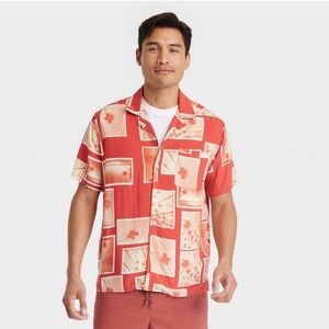 Goodfellow & Co Men Red and Cream Palm-Print Camp Shirt Size Small Vacation NWT